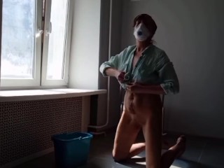 dirty cleaning lady plays with foam on the floor