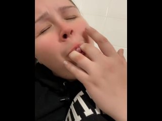 Playing with my hairy pussy in public restroom