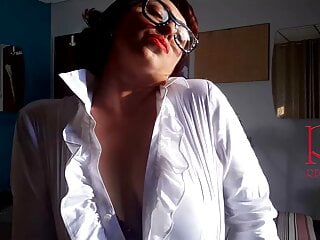 Office Obsession, Naked secretary in the office puts on underwear, stockings, office attire. 3