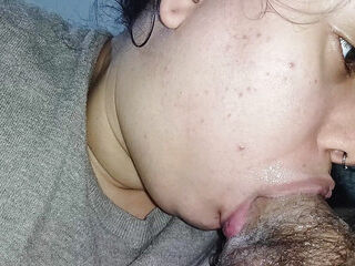 CLOSE. PERFECT UP, showing a thirsty mouth and a nervous tongue fucking cock
