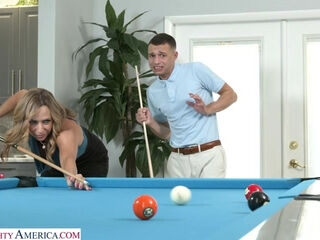 Hot blonde MILF Kenzi Foxx hustle's the pool table cleaner into fucking her wet pussy