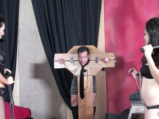 Two Sexy Half Asian MILF Girls at Femdom no condom FFM Threesome fuck in Dungeon with one Boy