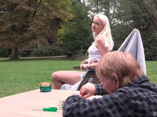 Stepgranddaddy having fun with this blonde girl out in the yard