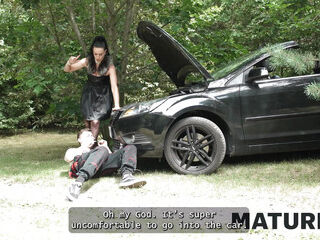 MATURE4K. Brunette on high heels seduced a young guy in the woods and fucked in public
